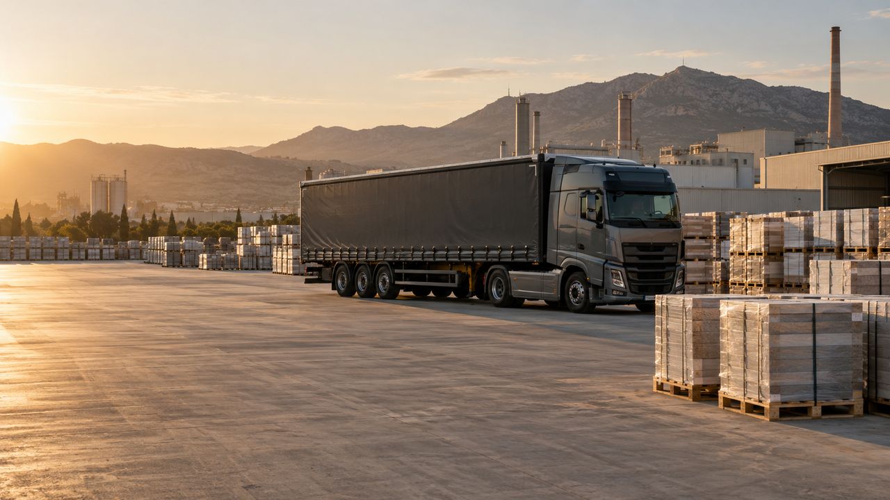 Tráiler junto a palets de azulejo en zona cerámica de Castellón